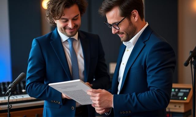 A professional meeting in a high-end music studio discussing a 360 contract